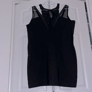 BLACK TOP WITH MESH AND FAUX LEATHER DETAILING